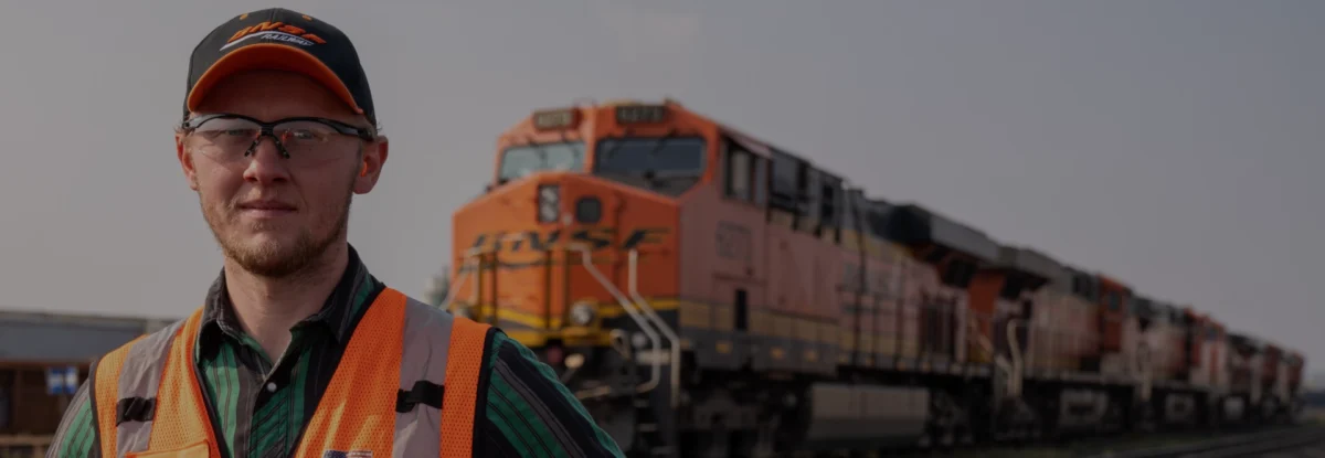 BNSF Worker in front of a locomotive